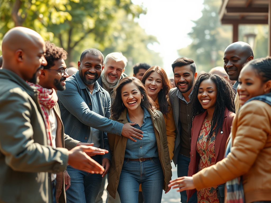 Een groep van twaalf mensen staat in een park en lacht, terwijl ze met elkaar praten en plezier hebben.