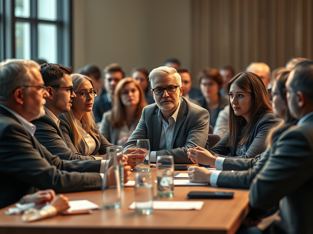 Een groep zakelijke professionals zit rond een vergadertafel en bespreekt belangrijke zaken, met een focus op een gesprek tussen een oudere man en een jongere vrouw.
