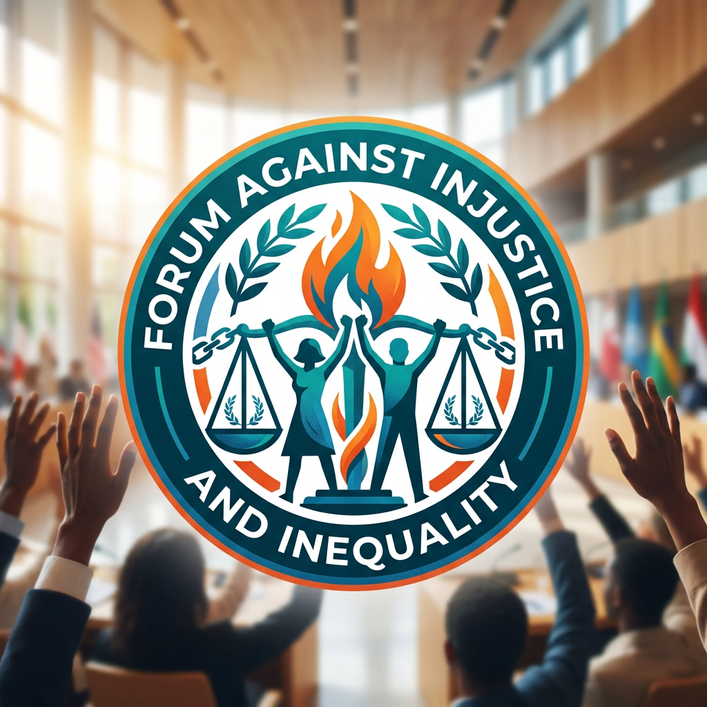 Emblem of Forum Against Injustice and Inequality with people raising hands in a conference room