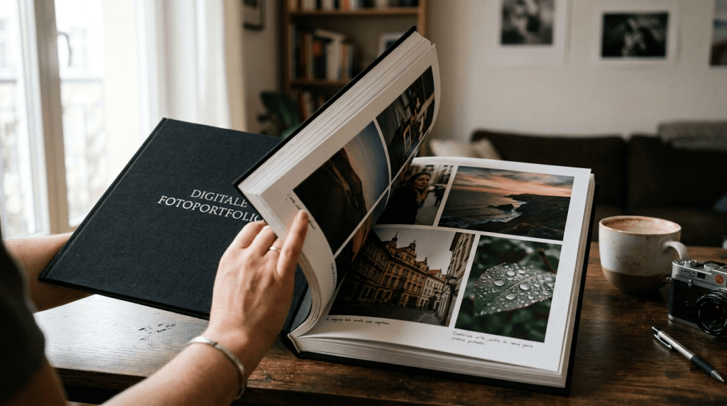Person browsing a photography portfolio book beside a camera and coffee