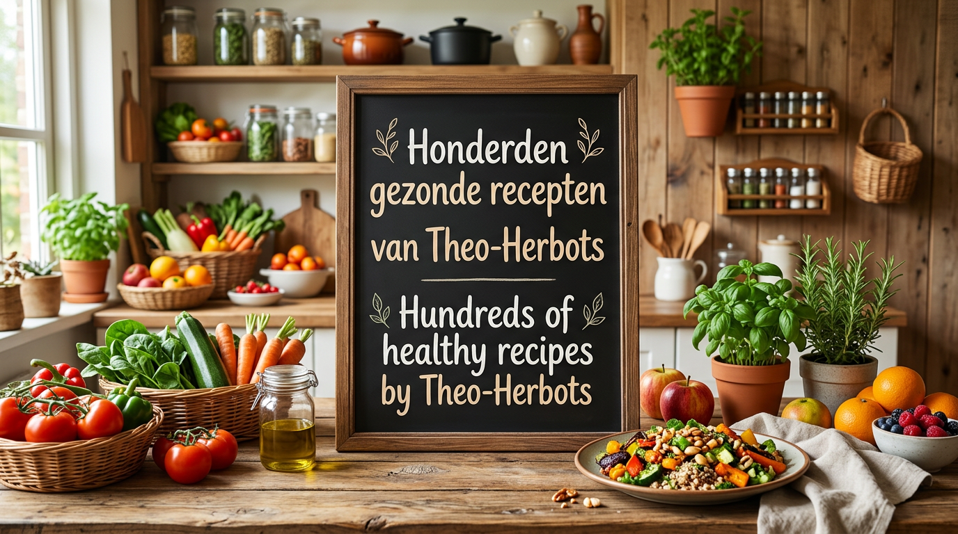 Chalkboard reading “Honderden gezonde recepten van Theo-Herbots” and “Hundreds of healthy recipes by Theo-Herbots,” surrounded by fresh produce and herbs